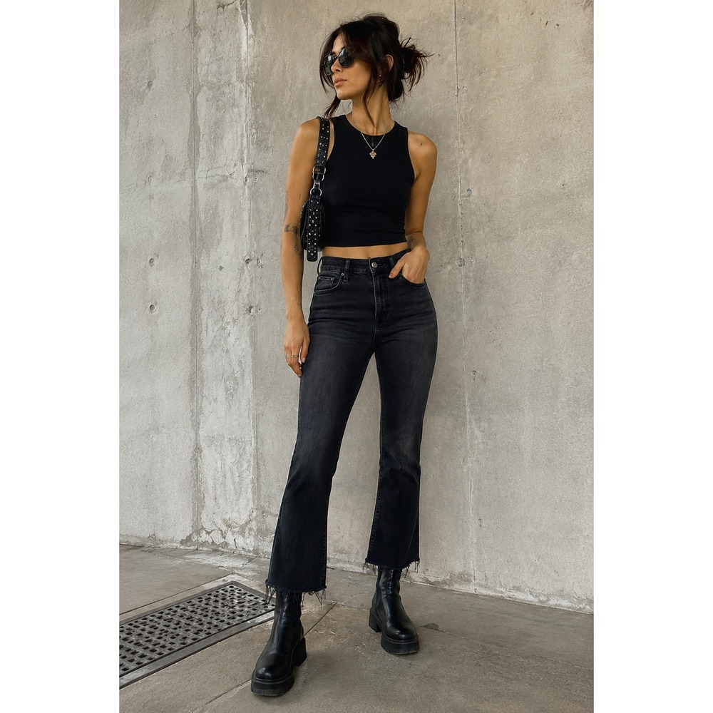 Mother Hustler Ankle Fray Jeans 28 Black Not Guilty High Rise Crop Raw Hem